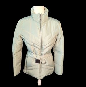 Larry Levin Vtg pistachio green fitted down filled puffer jacket with belt sz XS